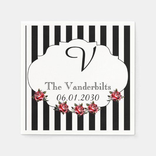 白黒レッドローズモノグラム結婚ズ スタンダードカクテルナプキン (正面)