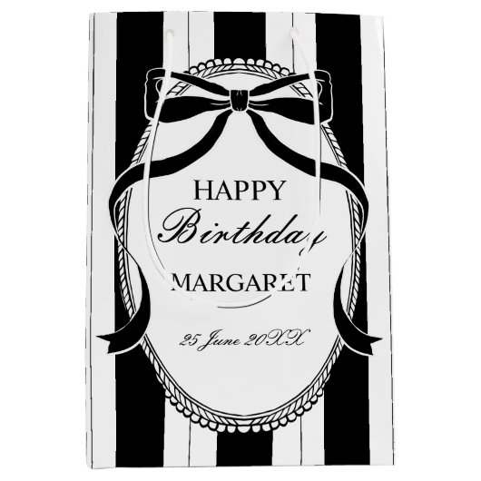 白黒レトロなレトロストライプのバースデーカスタムタ ミディアムペーパーバッグ (正面)