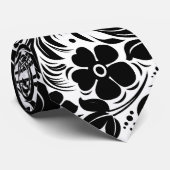 白黒レトロの花と葉柄 ネクタイ (ロール)