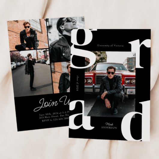 白黒レトロはっきりした2024年卒業 招待状