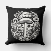 白黒レトロキノコと花 クッション (正面)