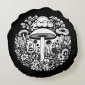 白黒レトロキノコと花 ラウンドクッション (裏面)