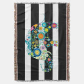 白黒レトロストライプフローラ象 スローブランケット (正面縦)