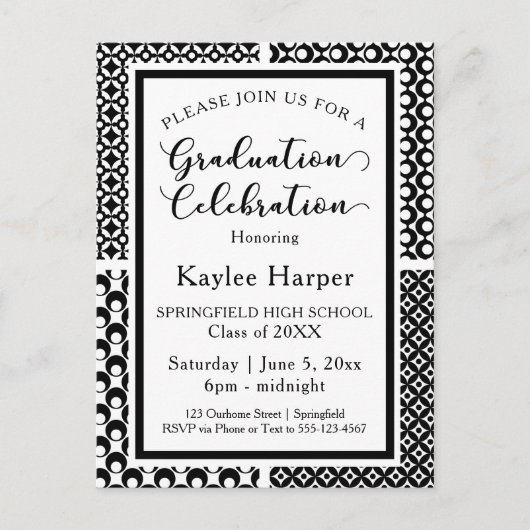 白黒レトロパターン卒業パーティー インビテーションポストカード (正面)
