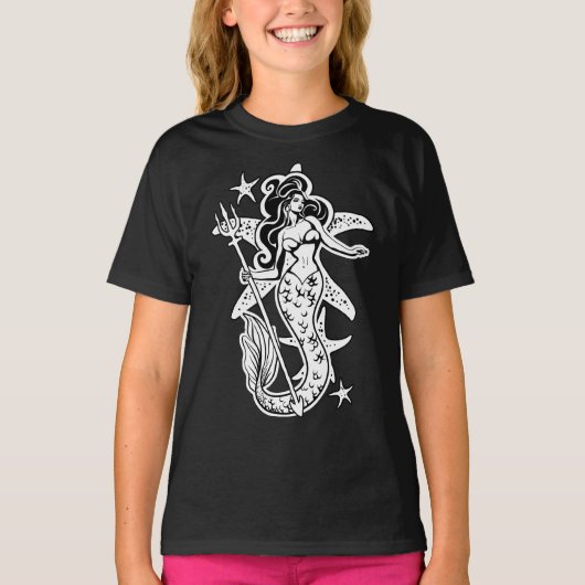 白黒レトロピンアップマーメイド Tシャツ (正面)