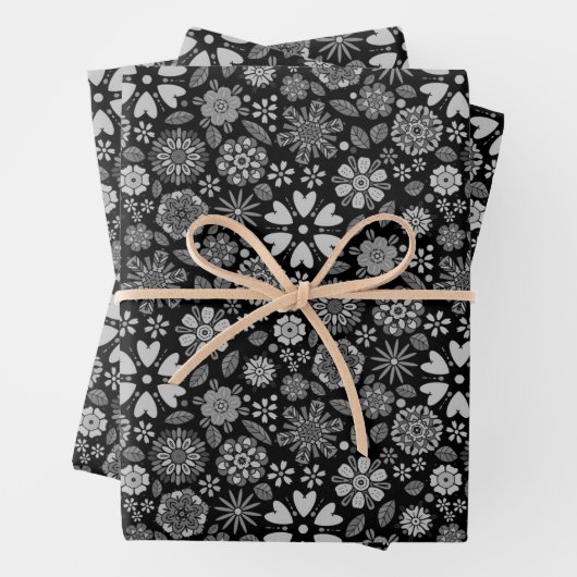 白黒レトロフローラアートシームレスパターン ラッピングペーパーシート (インサイチュ)
