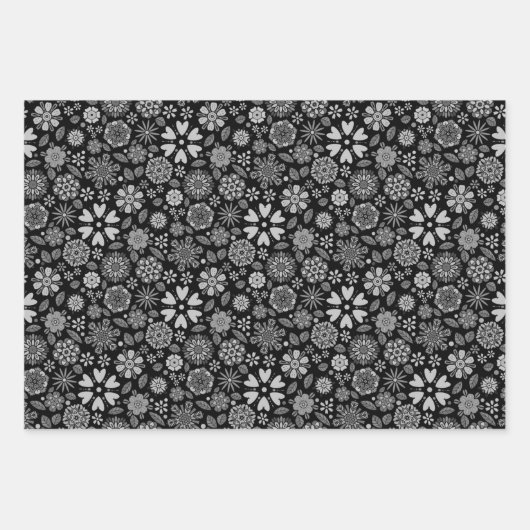 白黒レトロフローラアートシームレスパターン ラッピングペーパーシート (正面)