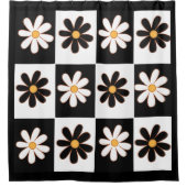 白黒レトロフローラデイジー花 シャワーカーテン (正面)