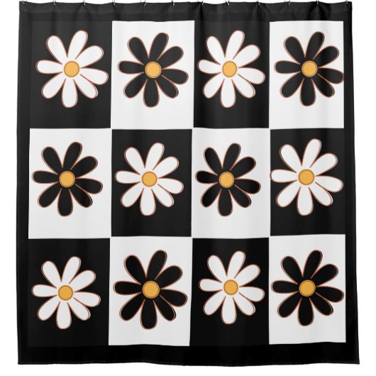 白黒レトロフローラデイジー花 シャワーカーテン (正面)