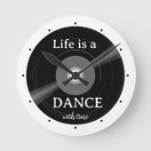 白黒レトロレコード音楽 ラウンド壁時計 (正面)