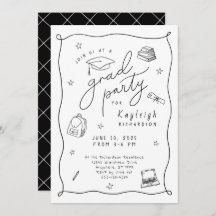 白黒レトロ手描きグラードパーティの招待状