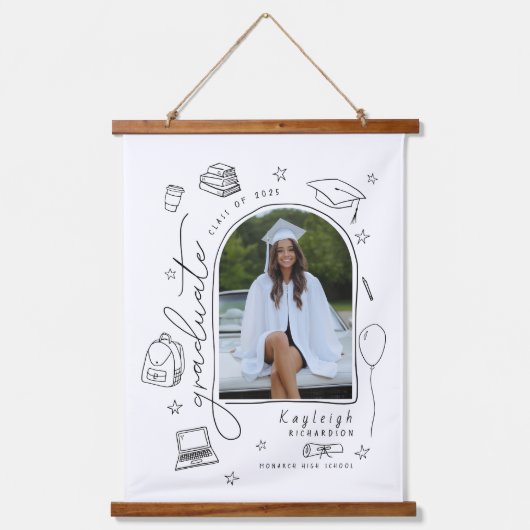 白黒レトロ手描き写真卒業 吊り下げ型タペストリー (正面)