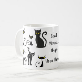 白黒レトロ猫パターンタイポグラフィ コーヒーマグカップ