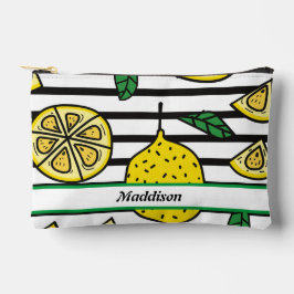 白黒レモンパターンストライプの アクセサリーポーチ
