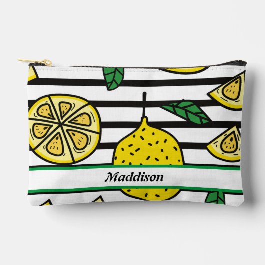 白黒レモンパターンストライプの アクセサリーポーチ (正面)