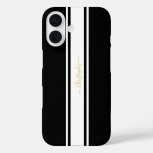 白黒レーシングストライプ金ゴールドシモノグラムのック iPhone 16ケース