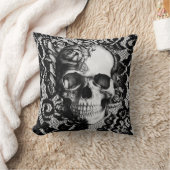 白黒レースおよびバラのスカル クッション (ブランケット)