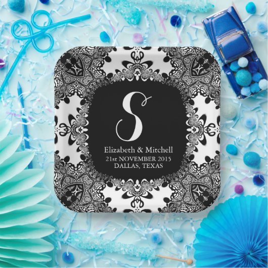 白黒レースのようトバルダマスフラクタルレース ペーパープレート (パーティー)