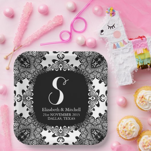 白黒レースのようトバルダマスフラクタルレース ペーパープレート (パーティー)