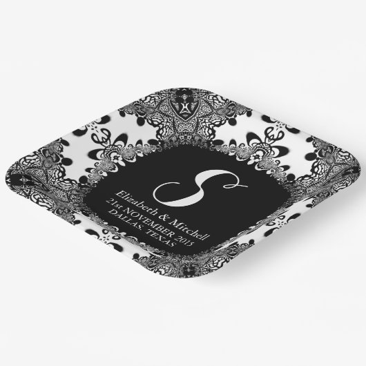 白黒レースのようトバルダマスフラクタルレース ペーパープレート (傾斜あり)