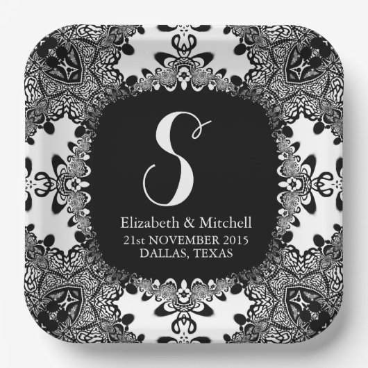 白黒レースのようトバルダマスフラクタルレース ペーパープレート (正面)