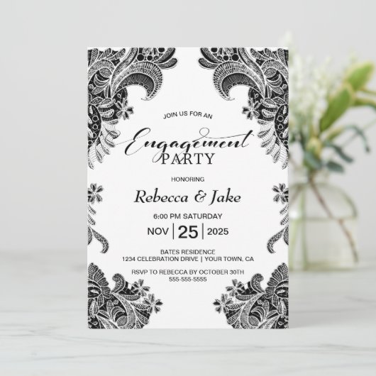 白黒レースカスタムフォト婚約パーティ 招待状 (スタンド正面)