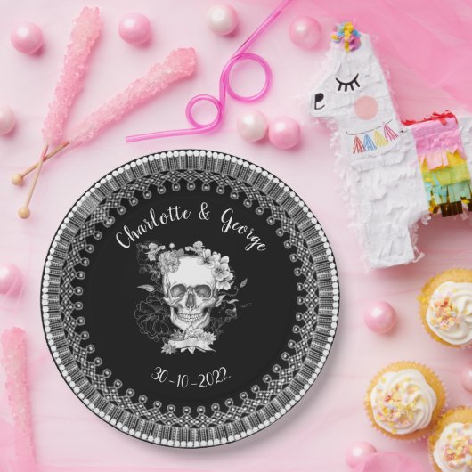 白黒レースフローラスカルハロウィン結婚ズ ペーパープレート (パーティー)