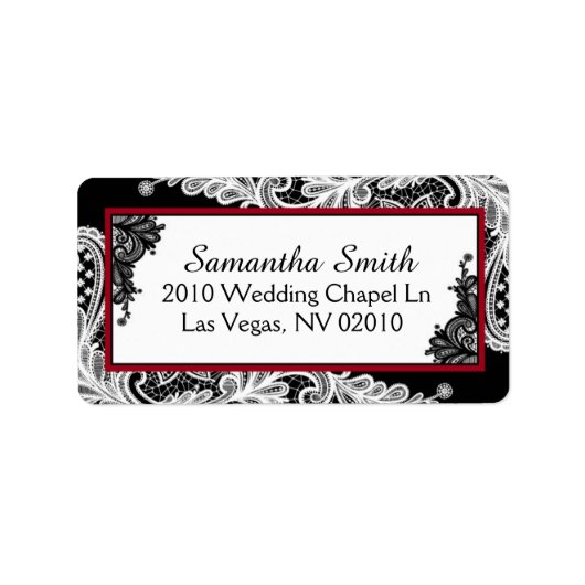 白黒レース赤アクセント結婚式ラベル ラベル (正面)