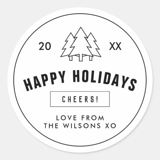 白黒ロゴスタイルモダンクリスマスツリー ラウンドシール (正面)