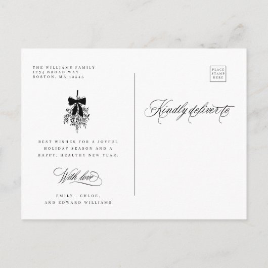 白黒ロマンチックなメリークリスマスフォト ポストカード (裏面)