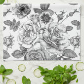 白黒ローズパターンキッチンタオル キッチンタオル (折り畳み)