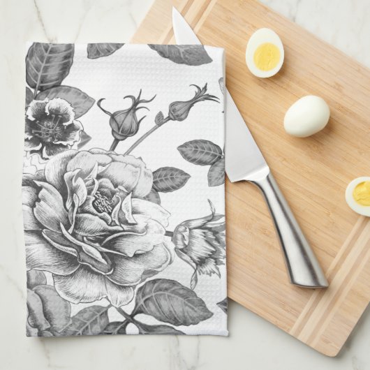 白黒ローズパターンキッチンタオル キッチンタオル (四つ折り)