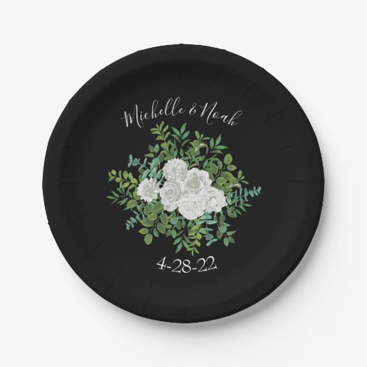 白黒ローズフローラ結婚ズ ペーパープレート (正面)