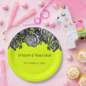 白黒ローズライムグリーン結婚ズ ペーパープレート (パーティー)