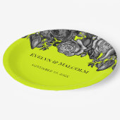 白黒ローズライムグリーン結婚ズ ペーパープレート (アングル)