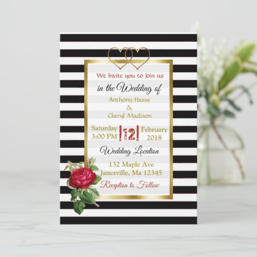 白黒ローズ金ゴールド結婚式招待状 招待状 (スタンド正面)