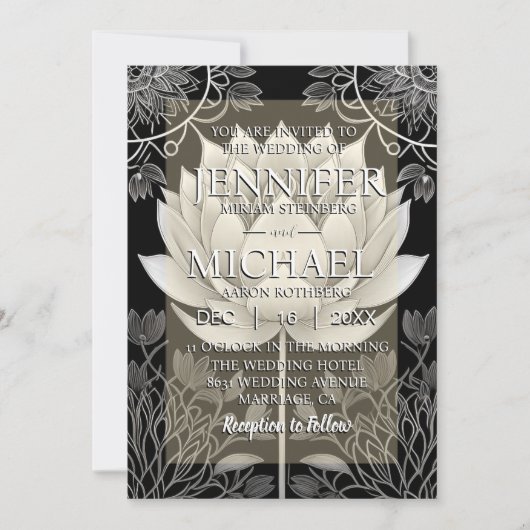 白黒ロータス結婚式招待状 招待状 (正面)