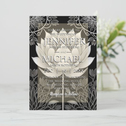 白黒ロータス結婚式招待状 招待状 (スタンド正面)