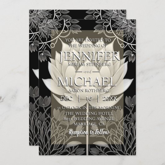 白黒ロータス結婚式招待状 招待状 (正面/裏面)