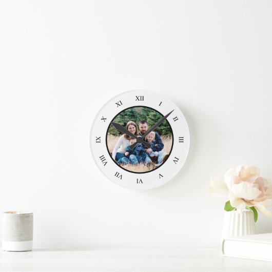 白黒ローマ数字カスタム写真 ラウンド壁時計 (ホーム)