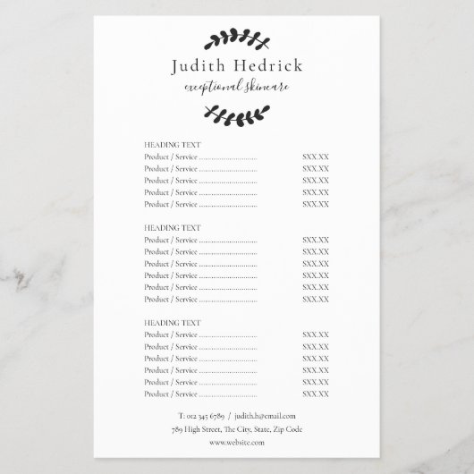 白黒ローレルサービスのメニュー価格表 チラシ (正面)