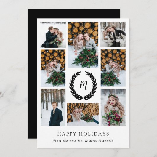 白黒ローレルリースフォトグリッドクリスマス シーズンカード (正面/裏面)