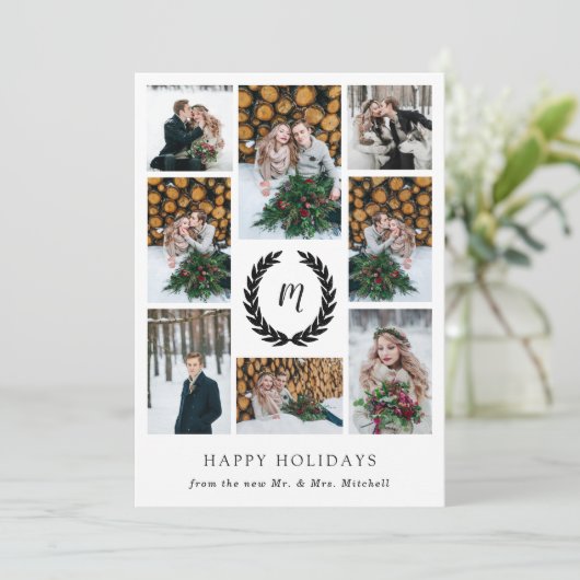 白黒ローレルリースフォトグリッドクリスマス シーズンカード (スタンド正面)