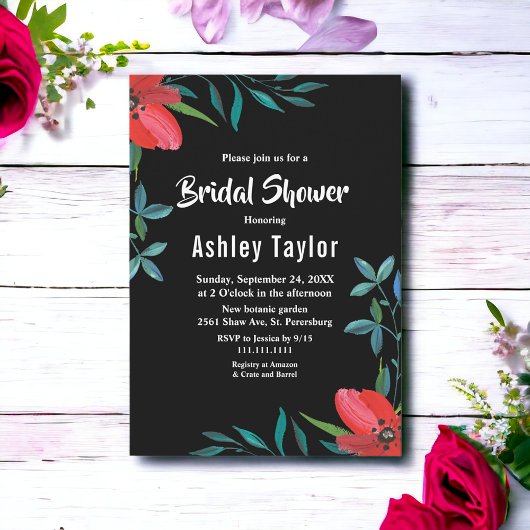 白黒ワイルドフラワーフローラブライダルシャワー 招待状