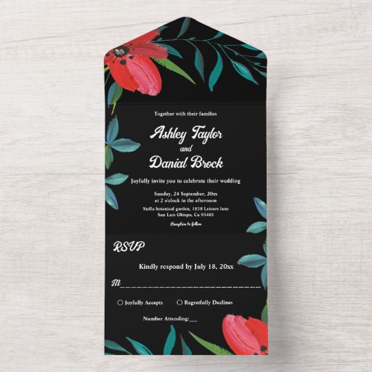 白黒ワイルドフラワーレッドローズ結婚フローラ オールインワン招待状 (内側)