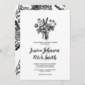 白黒ワイルドフラワー結婚式招待状 招待状 (正面/裏面)