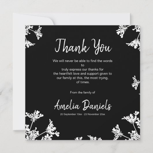 白黒ワイルドフラワー葬儀サンキューカード 招待状 (正面)