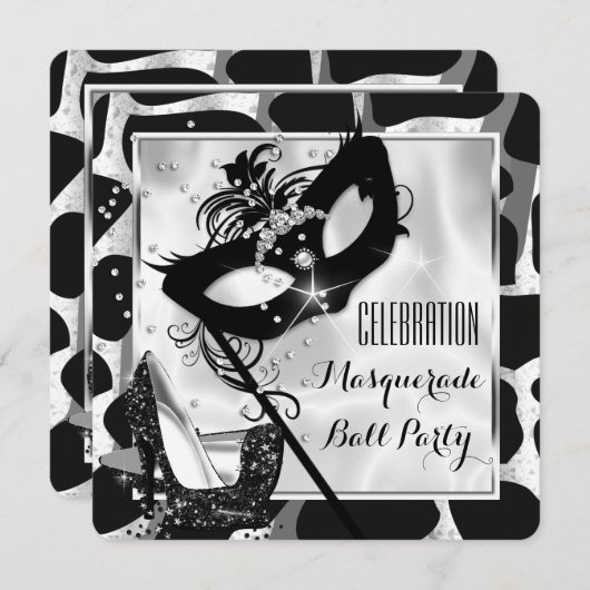 白黒ワイルドマスカレードボールパーティー 招待状 (正面/裏面)