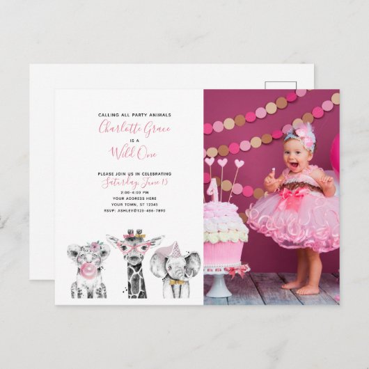 白黒ワイルドワンガール初の誕生日写真 インビテーションポストカード (正面/裏面)