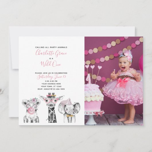 白黒ワイルドワンガール初の誕生日写真 招待状 (正面)
